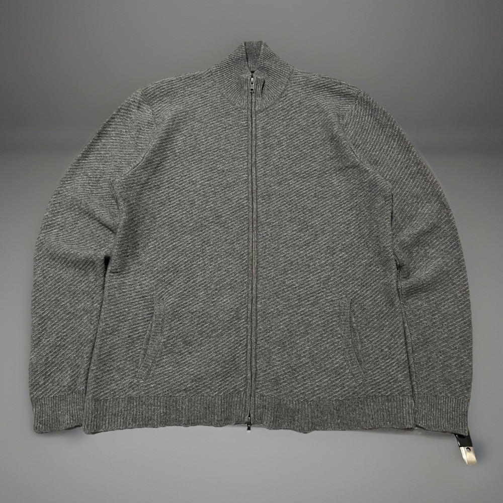 Autumn Cashmere Mens Gray Waffle Knit Full Zip Cardigan Sweater L Soft Comfort